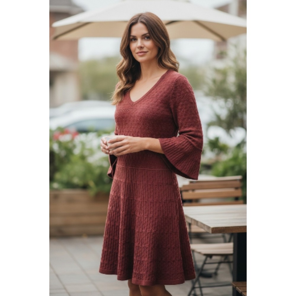 Nwt ROZ & ALI Dressbarn Womens‎ Large Burgandy Bell A LINE Sweater Knit Dress